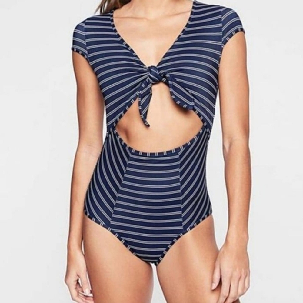 Athleta Navy Stripe Swimsuit One Piece Cap Sleeve Size S Cut Out with Front Tie